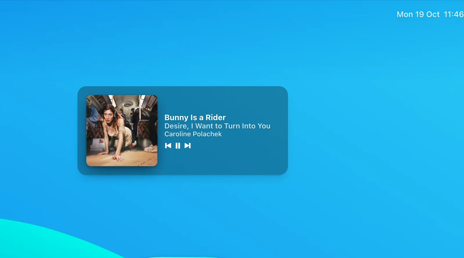 Sleeve on a blue desktop: a rounded card with album artwork, the song title, album and artist, and previous, pause and next buttons