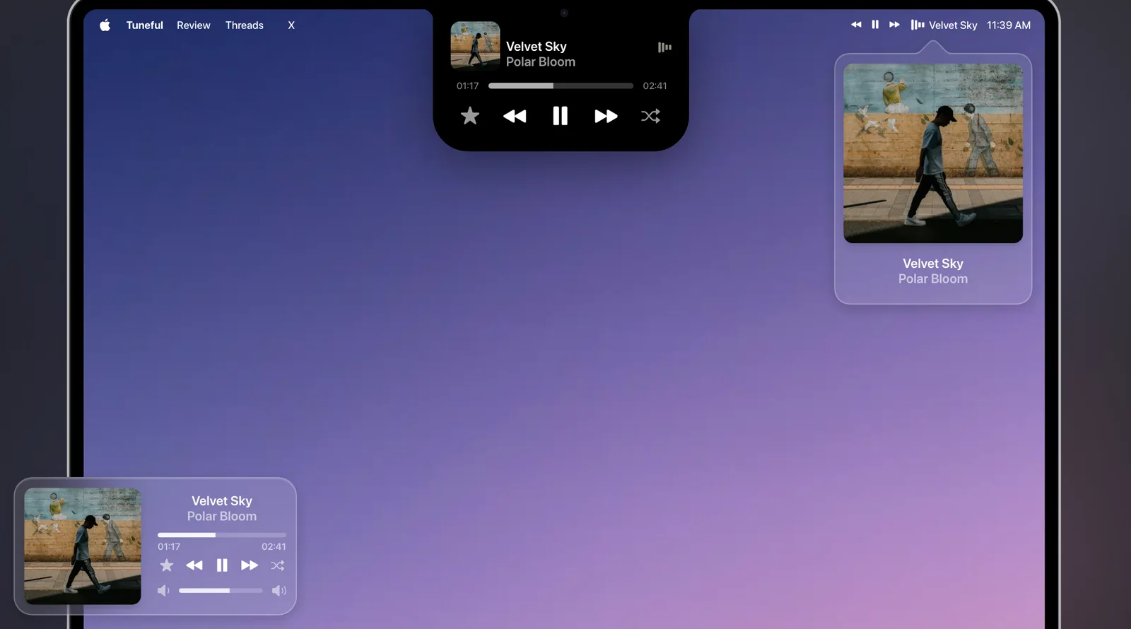 A MacBook screen showing Tuneful's notch player with a scrubber and controls, a menu bar popover with artwork, and a floating mini player in the bottom corner