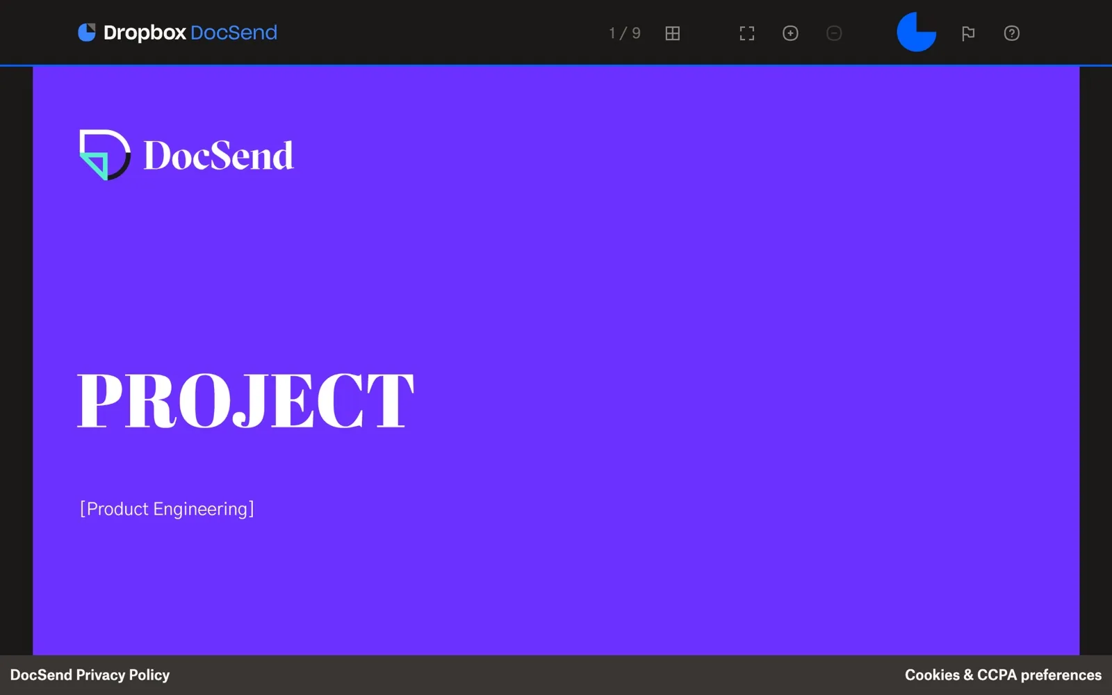 DocSend shared link viewer showing a pitch deck