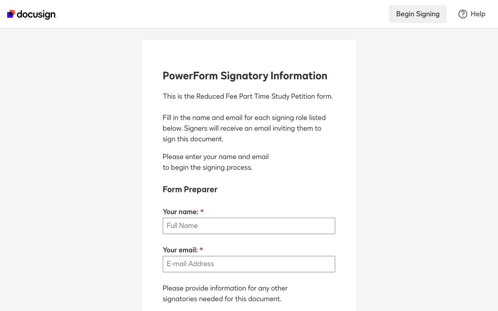 DocuSign form asking for the signer's name and email before signing