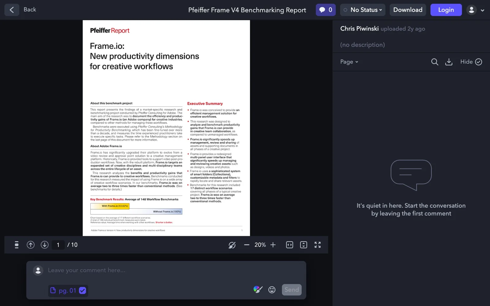 Frame.io review link showing a PDF beside its comments panel