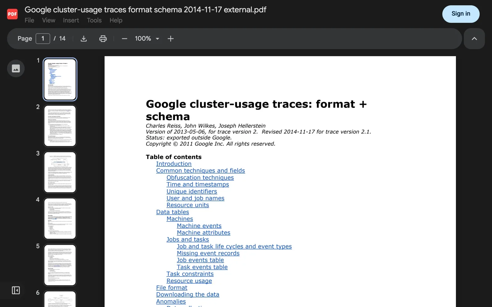 Google Drive shared file preview of a PDF