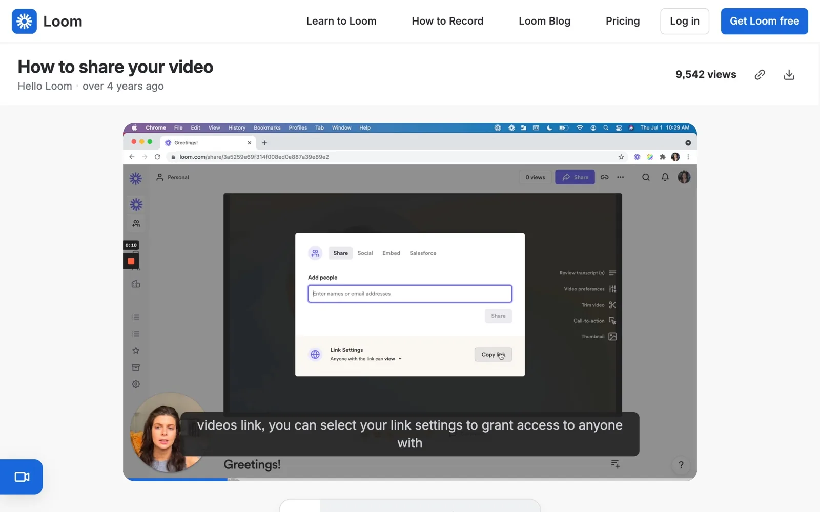 Loom shared video page with its view count and download button