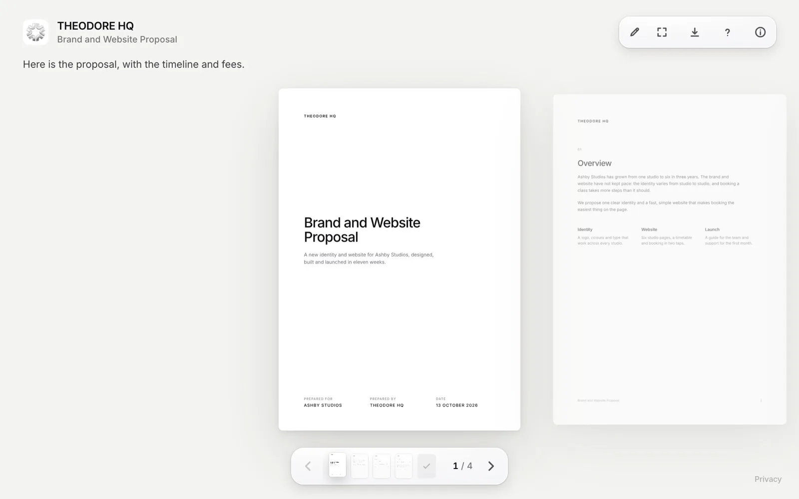 Loop reader page for a shared proposal, branded with the sender's logo, name and colours