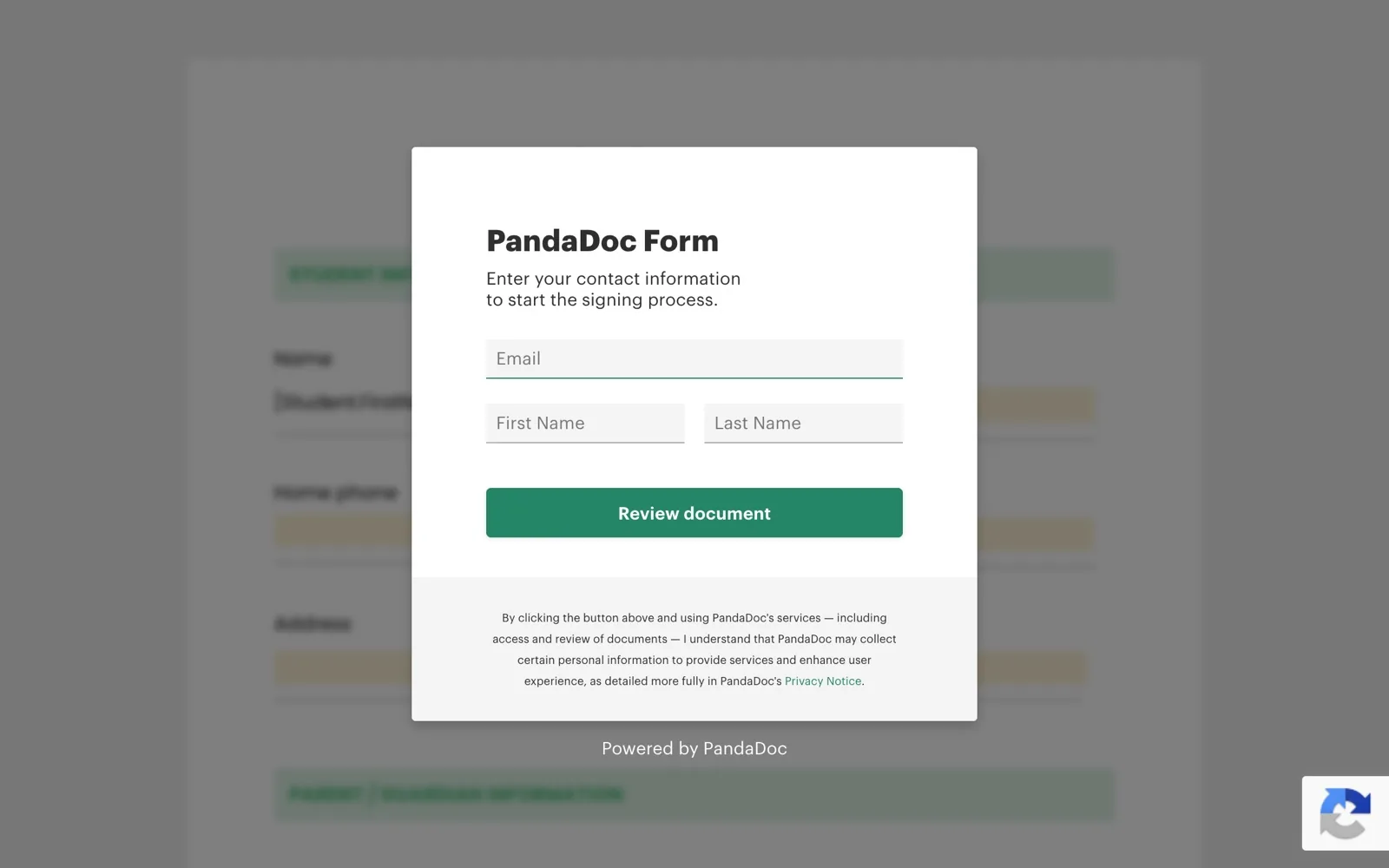 PandaDoc form asking for the reader's details before the document opens