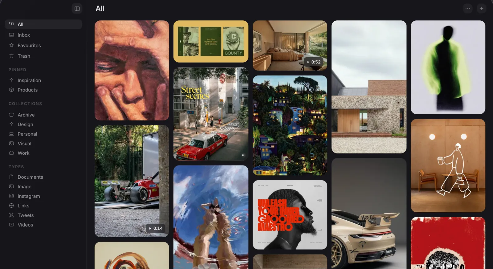 The Muse app on a Mac in dark mode, showing a library of saved images in a moodboard grid