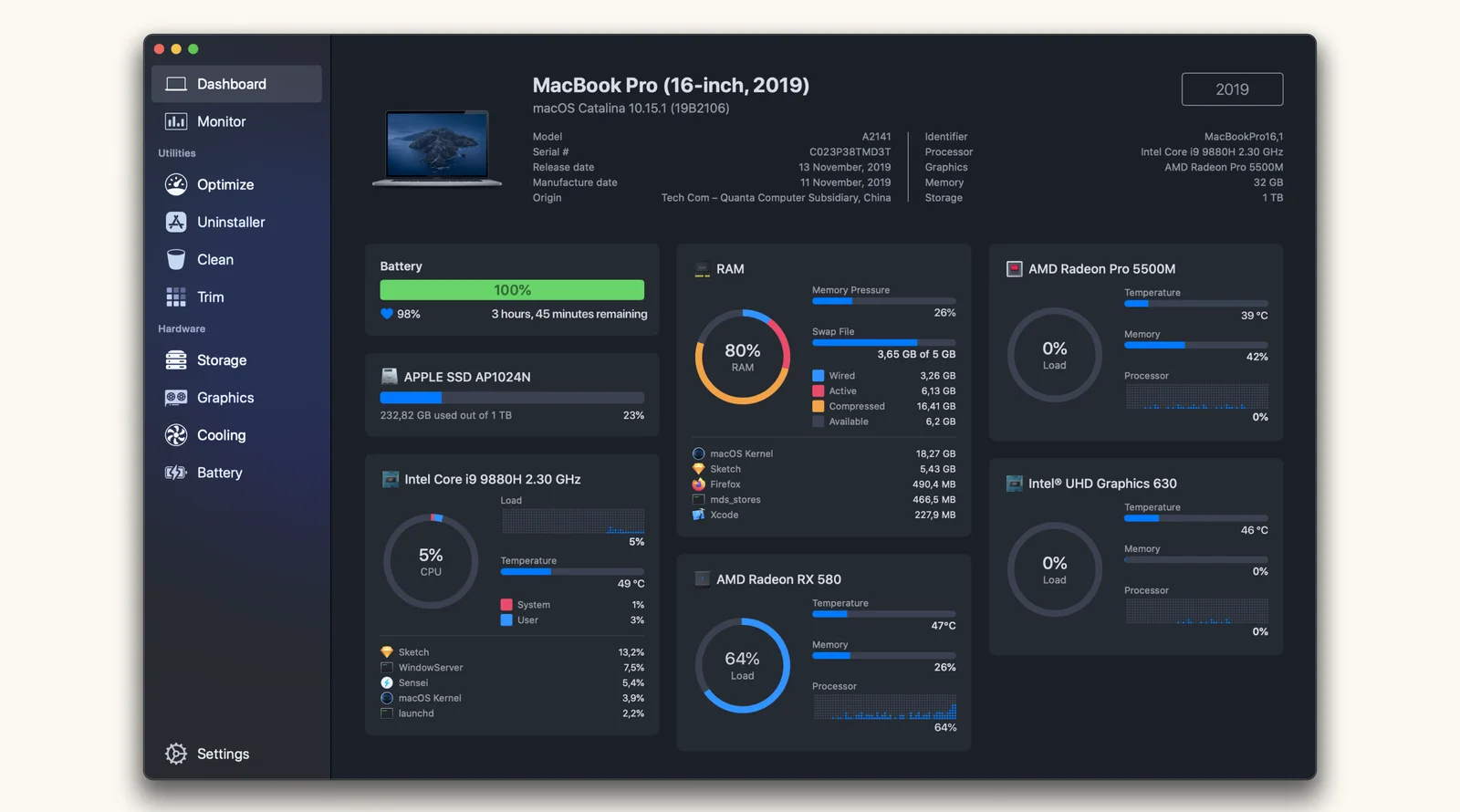 Sensei dashboard window with a sidebar, MacBook details, and panels for battery, storage, processor, RAM and graphics.