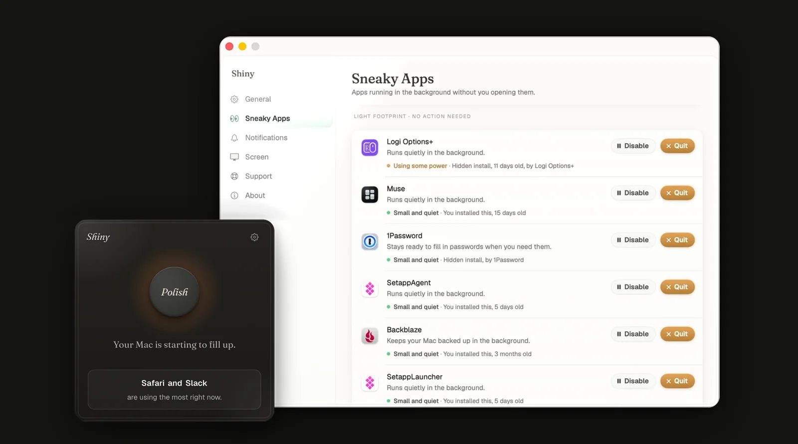 Shiny Sneaky Apps window listing six background apps with Disable and Quit buttons, Logi Options+ marked Using some power and the rest Small and quiet, with the menu-bar window and its round Polish button overlapping at the lower left.