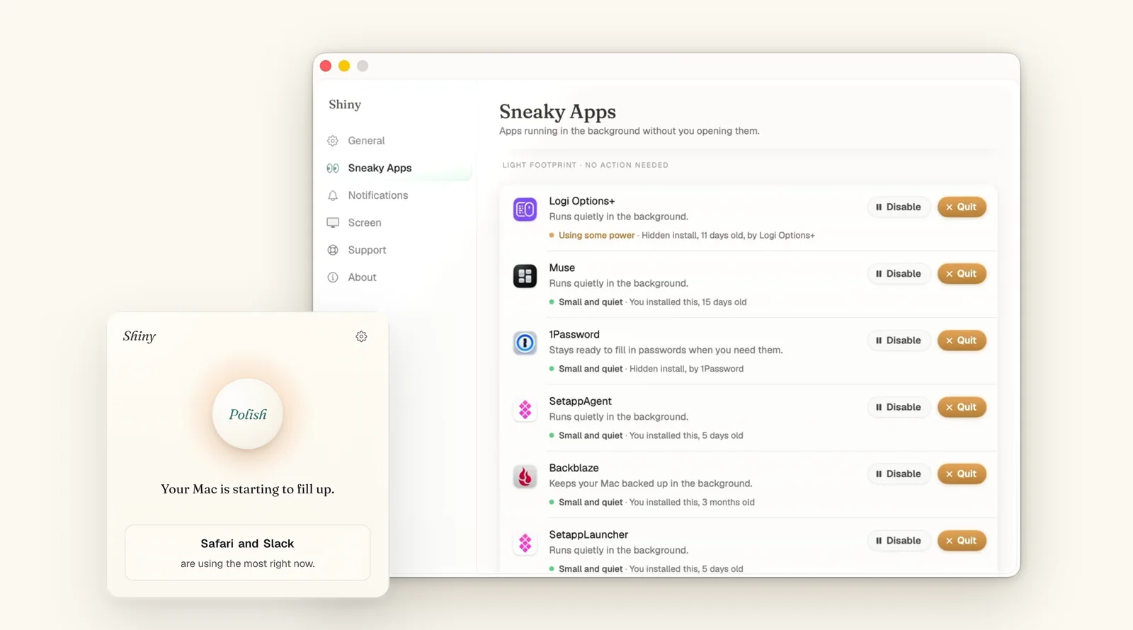 Shiny Sneaky Apps window listing six background apps with Disable and Quit buttons, Logi Options+ marked Using some power and the rest Small and quiet, with the menu-bar window and its round Polish button overlapping at the lower left.