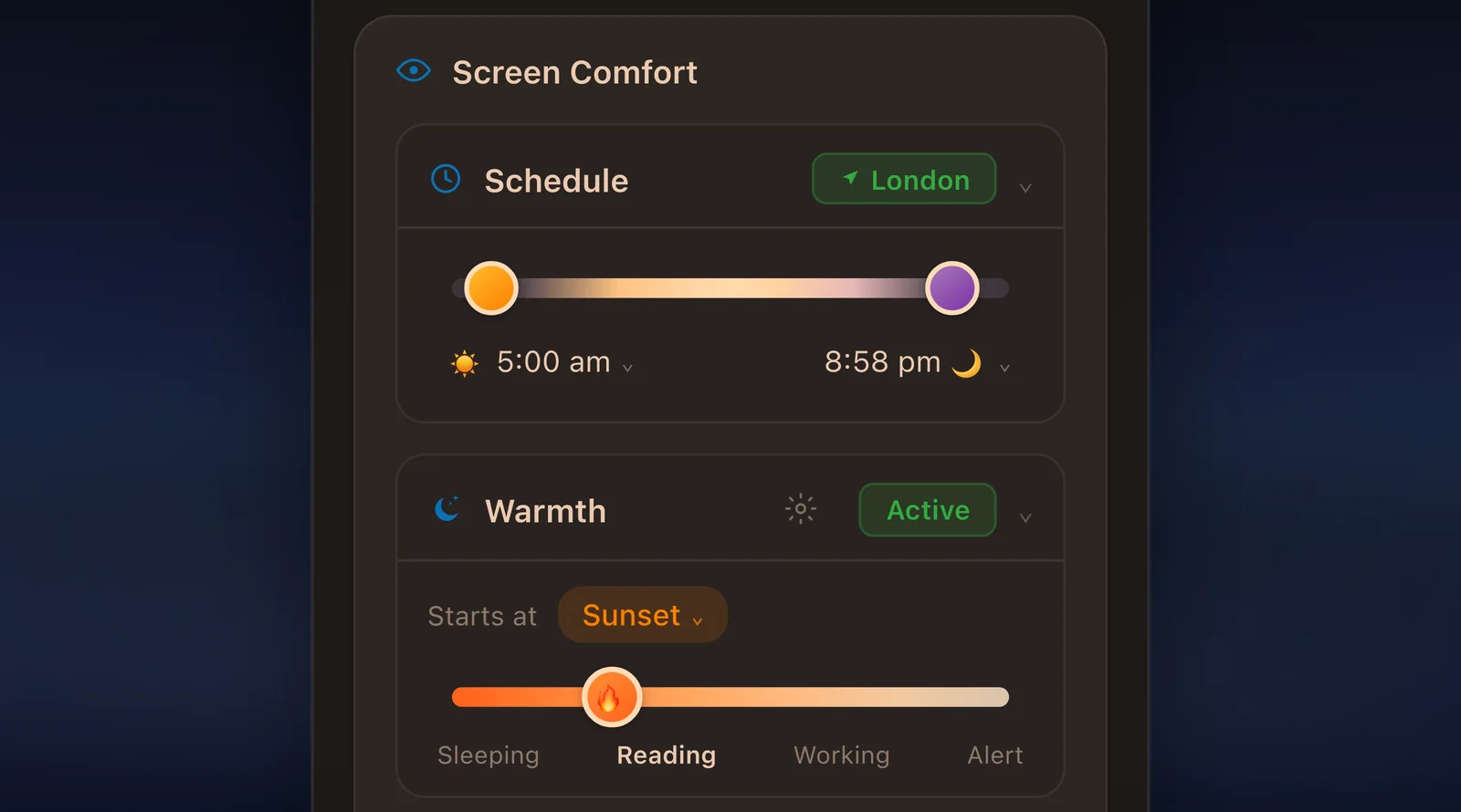 Solace panel showing the Schedule card with sunrise and sunset times and the Warmth card with a slider from Sleeping to Alert.