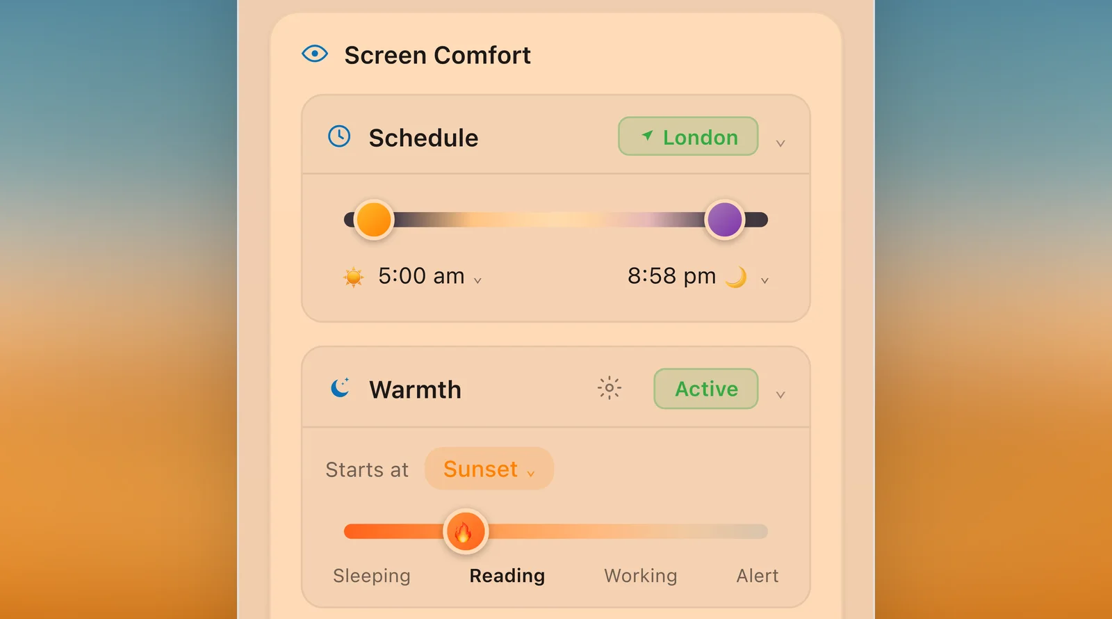 Solace panel showing the Schedule card with sunrise and sunset times and the Warmth card with a slider from Sleeping to Alert.
