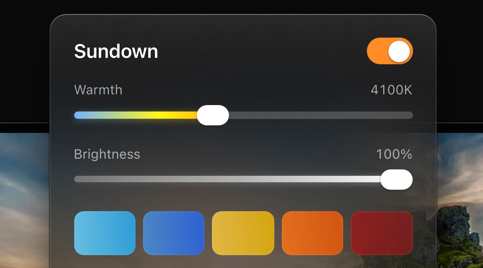 Sundown panel with a Warmth slider at 4100K, a Brightness slider at 100% and five colour swatches.