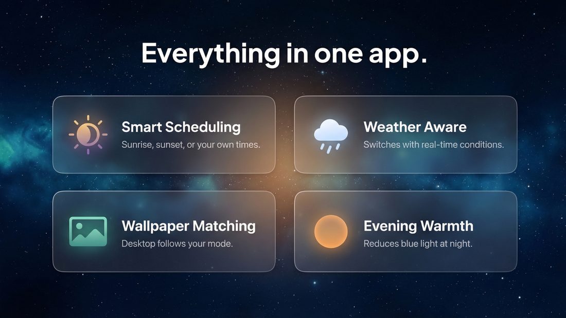 Solace features: smart scheduling, weather aware, wallpaper matching, evening warmth