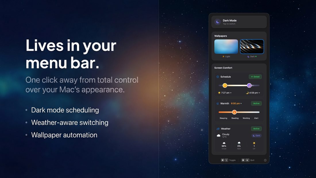Solace menu bar interface showing dark mode, wallpapers, scheduling, and weather